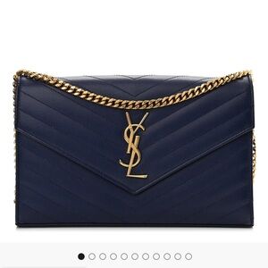 Saint Laurent Grain De Poudre Matelasse Chevron Monogram Chain Wallet Navy